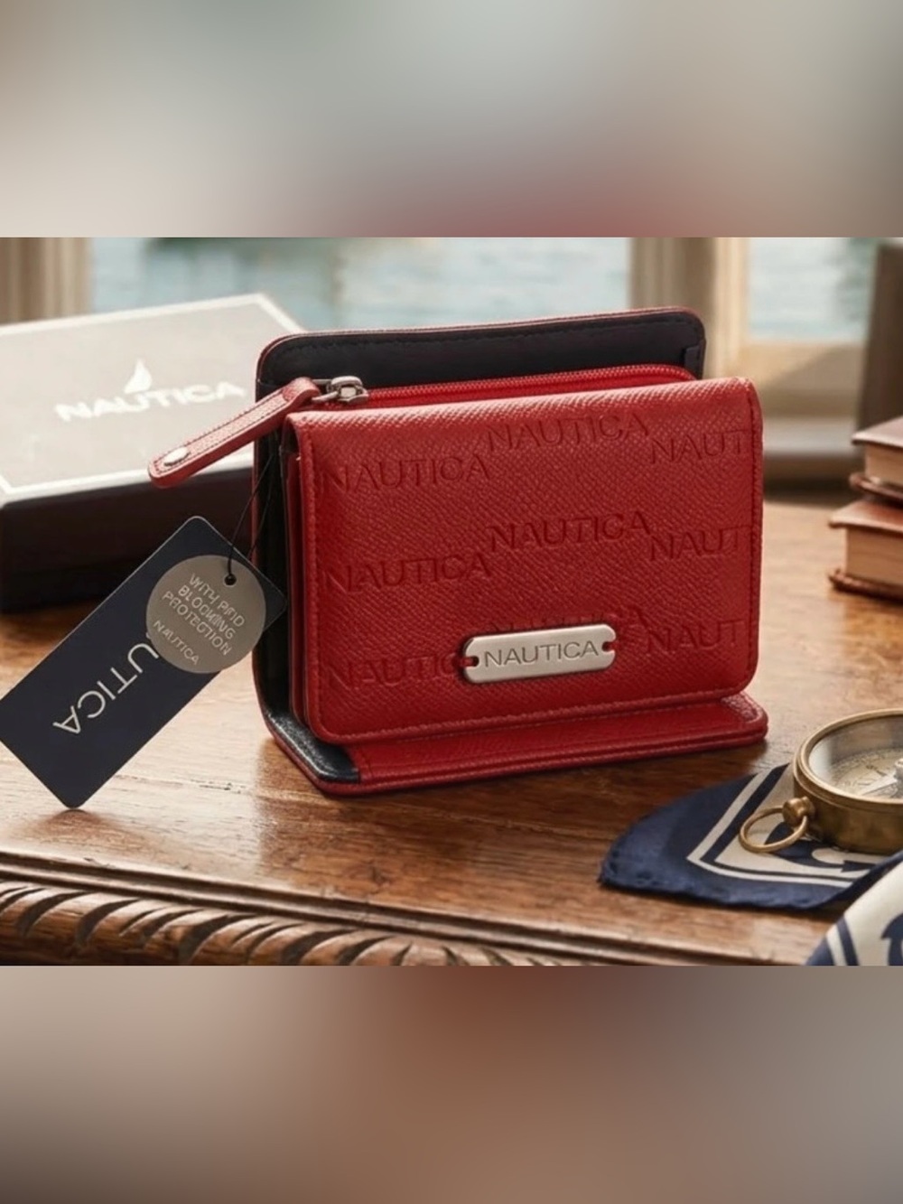 Nautica Red Textured Leather Zip-Around Wallet